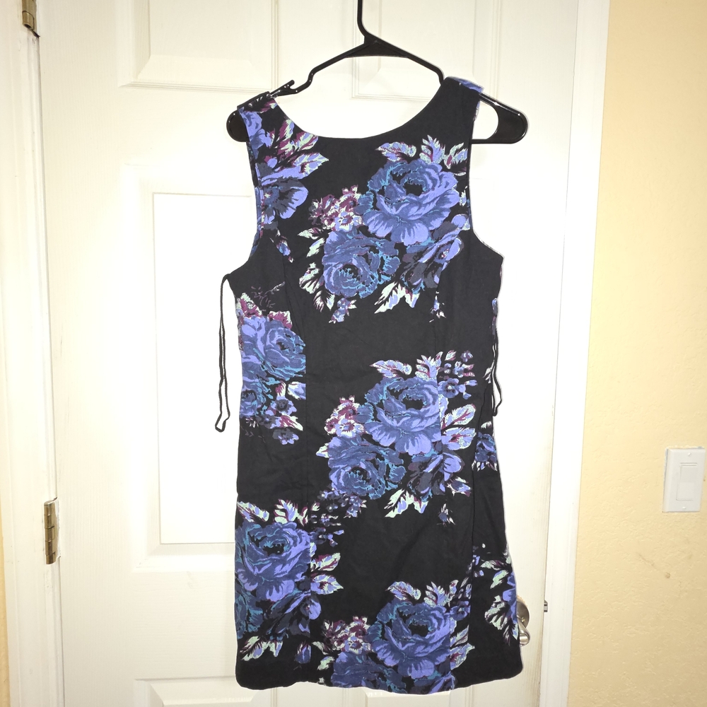 Free People Black Mini Dress with Blue Floral Print